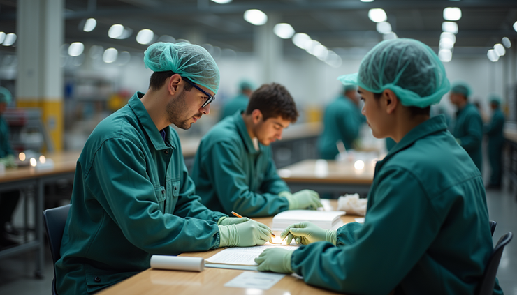 Vue en plongée d’un groupe de saisonniers en formation pratique sur un poste de travail