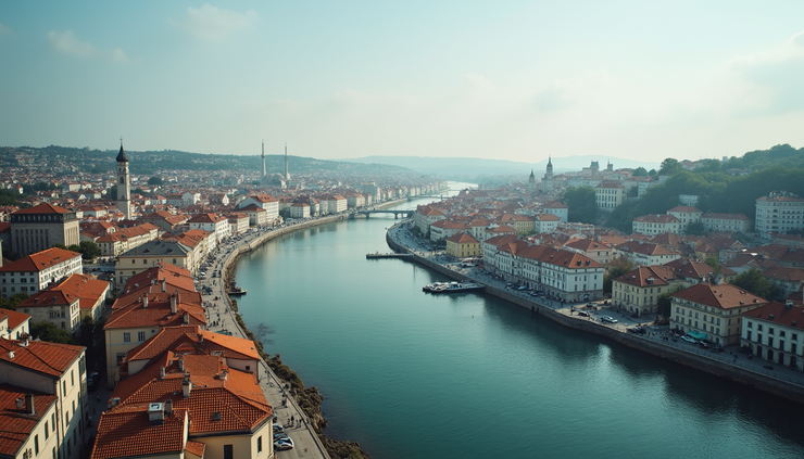 Vue panoramique de Bayonne avec ses bâtiments traditionnels et la rivière Nive en premier plan