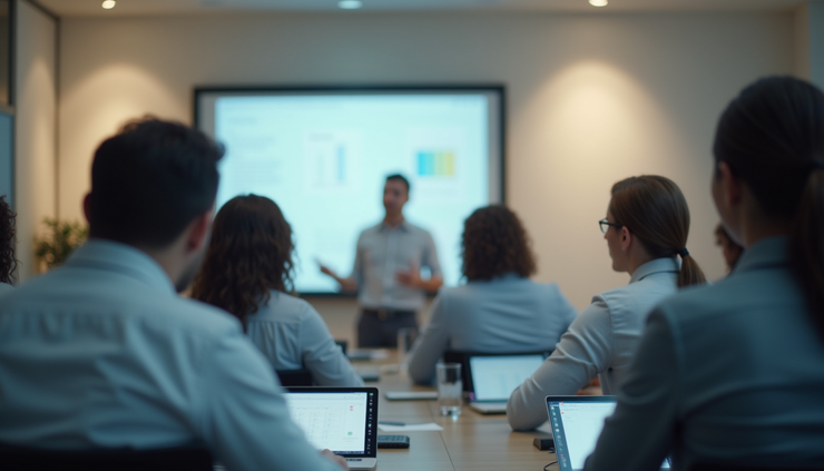 Vue rapprochée d'une salle de formation avec un groupe d'employés concentrés sur un formateur