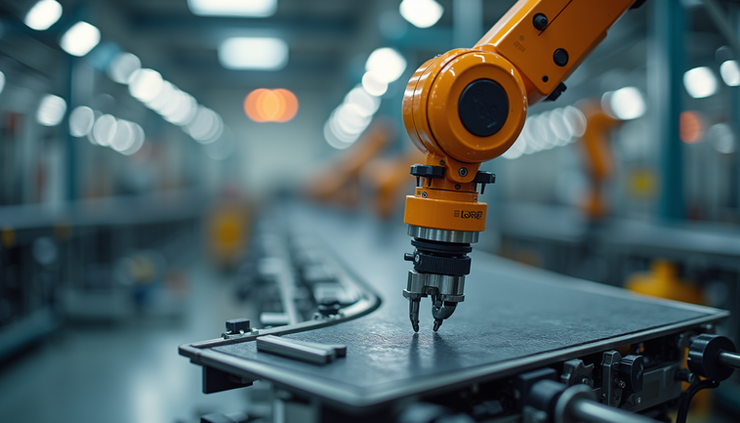 Vue rapprochée d’un robot Fanuc en action sur une ligne de production automatisée