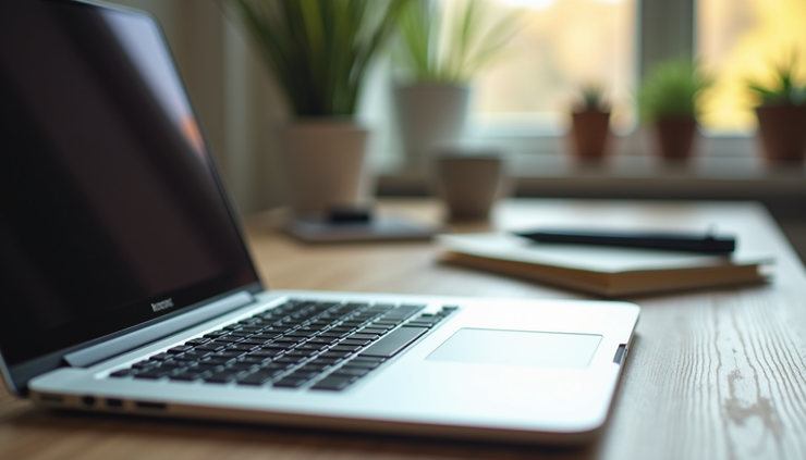 Vue en plongée d’un bureau à domicile avec un ordinateur portable et des notes de travail