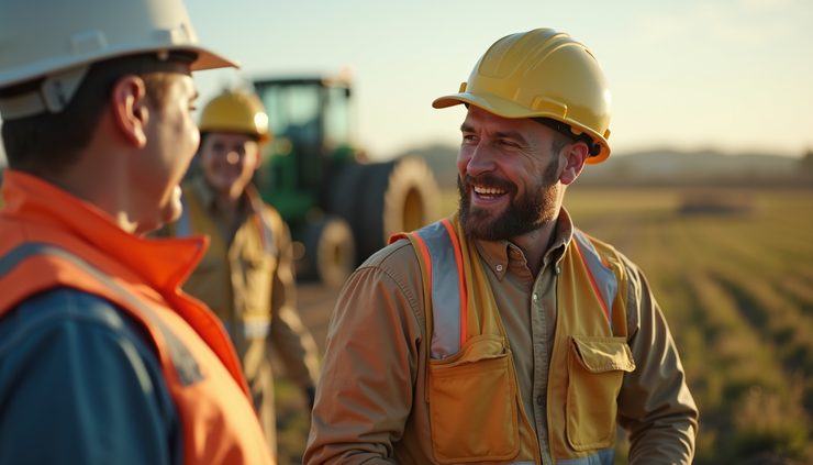 Vue rapprochée d’un groupe de saisonniers en formation sur un chantier agricole