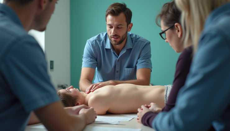 Vue rapprochée d'une formation SST en cours avec un formateur montrant les gestes de premiers secours