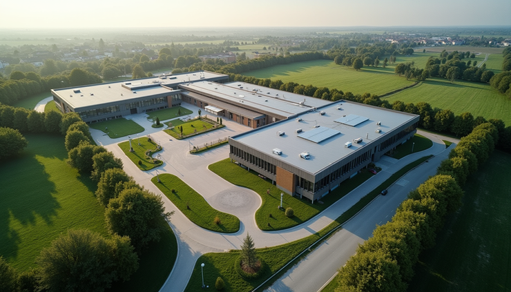 Vue aérienne du centre de formation à Labège avec bâtiments modernes et espaces verts
