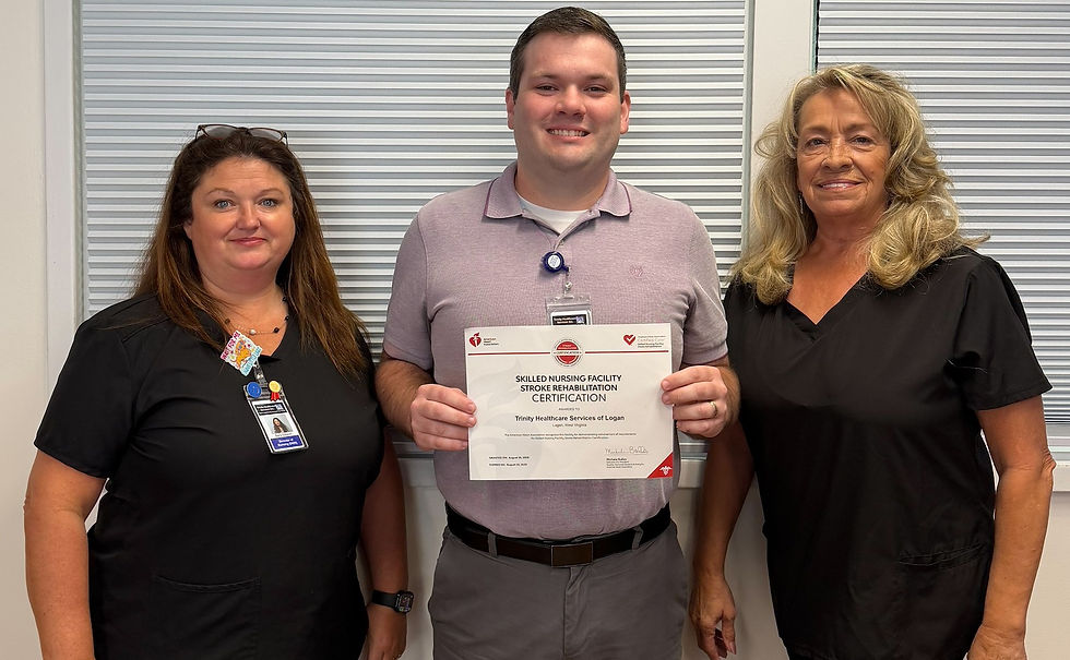 PICTURED: Program administration poses with American Heart Association Skilled Nursing Facility Stroke Rehabilitation Certification. Left to right: Sara Gibson, Director of Nursing; Jordan Gibson, Administrator; Linda Blankenship, Program Champion