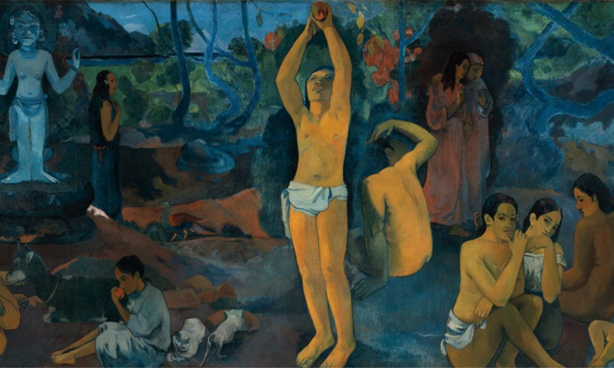 As figuras em poses rituais, o azul profundo. Gombrich destaca o simbolismo: Gauguin rejeita o realismo ocidental e busca um novo mito.