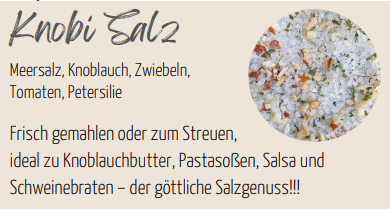 Knobi Genuss Salz zum Streuen oder aus der Mühle. Ideal zu Knoblauchbutter, Pastasoßen, Salsa und Schweinebraten.