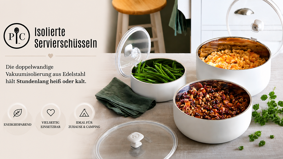 Isolierte Servierschüsseln mit Gemüse, Pasta und Salat auf hellem Tisch; Werbetext zu vakuumisolierter Edelstahlware.