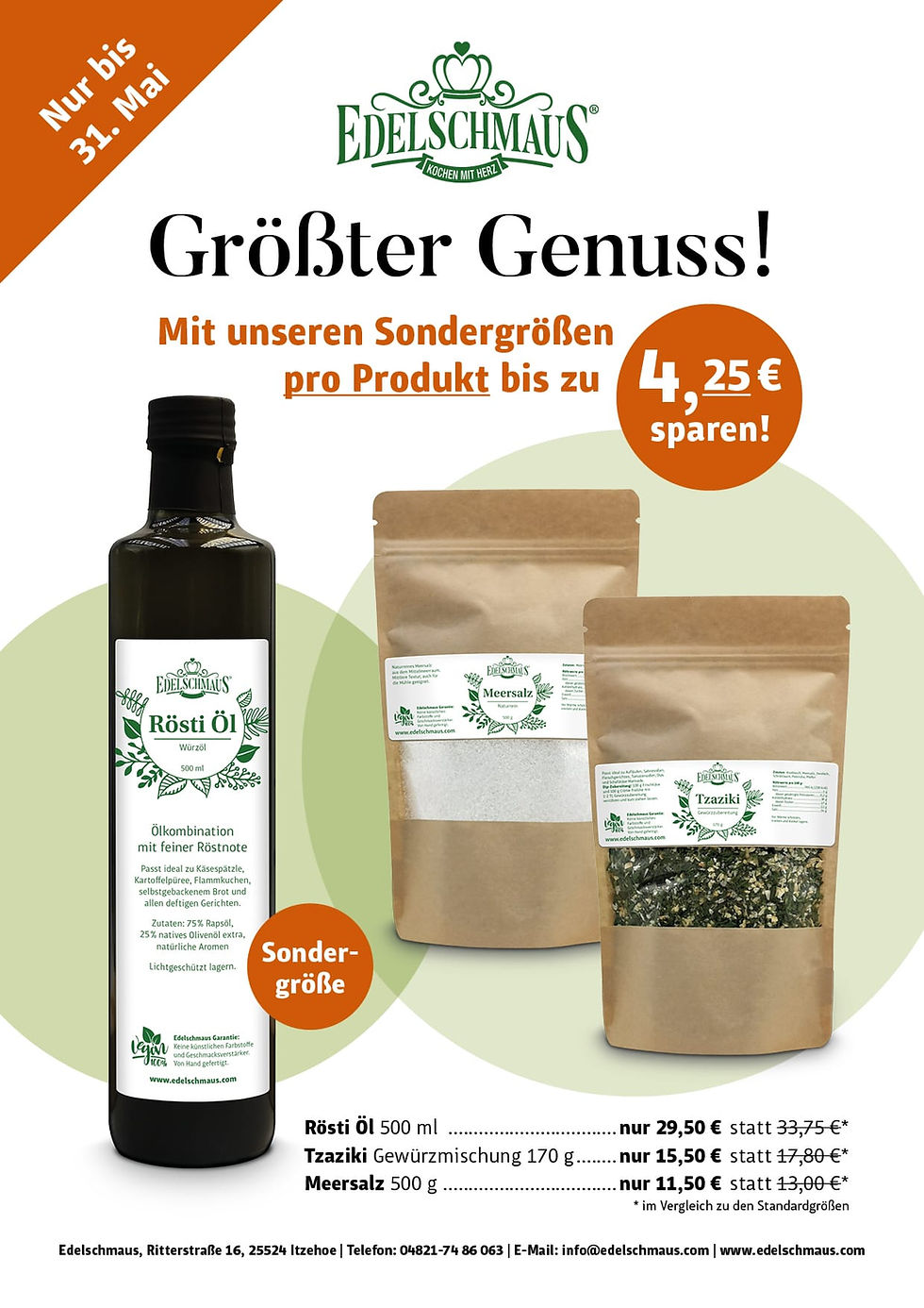 Edelschmaus Angebote, Rösti Öl, Tzaziki Kraftbeutel , Meersalz Kraftbeutel