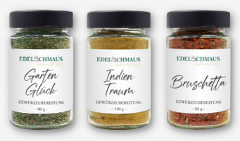 Drei Edelschmaus Gewürze die in keiner Küche fehlen dürfen. Garten Glück, Indien Traum und Bruschetta