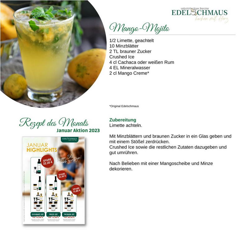 Edelschmaus Cocktail Rezept Mango-Mojito mit Mango Creme