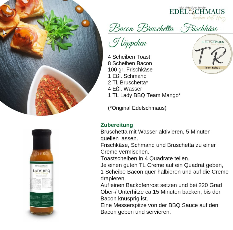 Edelschmaus Rezept Bacon-Bruschetta-Frischkäse Häppchen mit Bruschetta Gewürz und Landy BBQ Mango Gewürzen