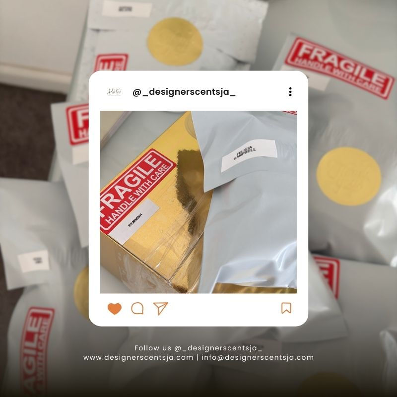 Gold mailer box and white polymailer packaging by Designer Scents