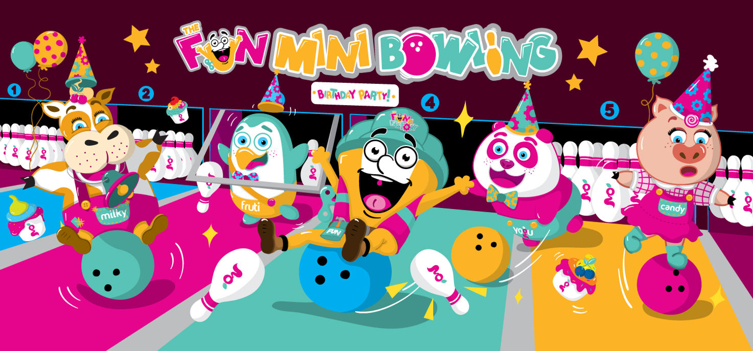 Fun Mini Bowling Yogufruti, Lala Del Tejo, Lala del tejo, pagina web de lala del tejo, laladeltejo, lala deltejo, lala del tejo website, lala yokomo sushi, yokomo sushi paredes, yokomo sushi murales, yokomo sushi ilustraciones, lala del tejo ilustradora, lala del tejo illustrator