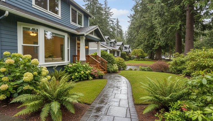 Eye-level view of a front walkway leading to a quiet Eastside rental home after light rain