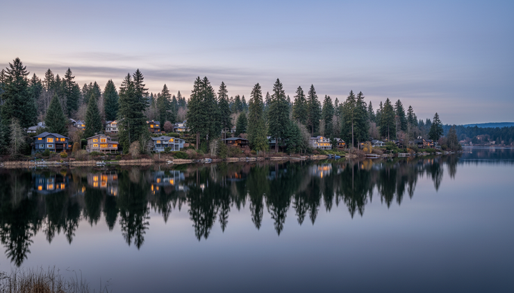 Wide-angle view of Lake Sammamish and nearby residential homes at dusk