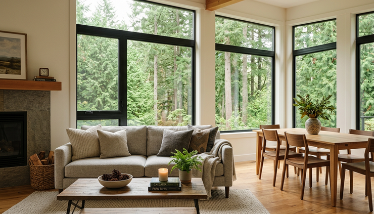 Wide-angle view of a furnished living room in a Sammamish rental home with large windows and evergreen trees outside