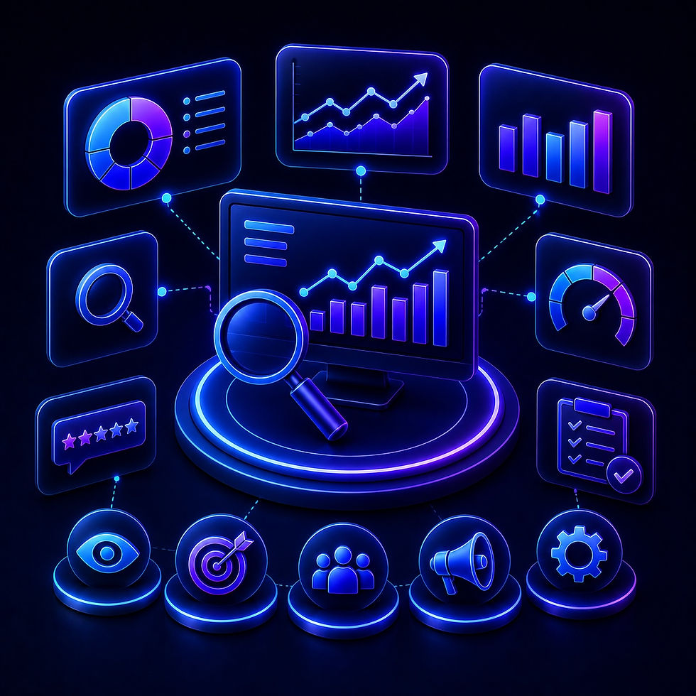 Ilustración conceptual sobre monitoreo y medición para estrategias GEO, SEO, AEO y LLMO, mostrando dashboards analíticos, métricas de rendimiento, señales de autoridad, análisis de visibilidad, comportamiento digital y seguimiento de presencia en motores de inteligencia artificial como ChatGPT, Gemini, Perplexity y Copilot.