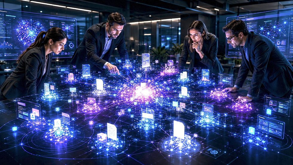 Equipo estratégico realizando un diagnóstico digital mediante análisis de estructuras semánticas, conexiones contextuales y ecosistemas de información impulsados por inteligencia artificial en un entorno corporativo premium con tonos azules, morados y magenta.
