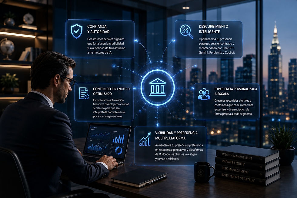 Imagen conceptual sobre inteligencia artificial aplicada al sector financiero y de inversión, mostrando una firma financiera moderna con overlays semánticos relacionados con confianza, autoridad digital, contenido financiero optimizado, descubrimiento inteligente y visibilidad multicanal para mejorar posicionamiento y reputación en motores de inteligencia artificial mediante estrategias GEO, SEO, AEO y LLMO.