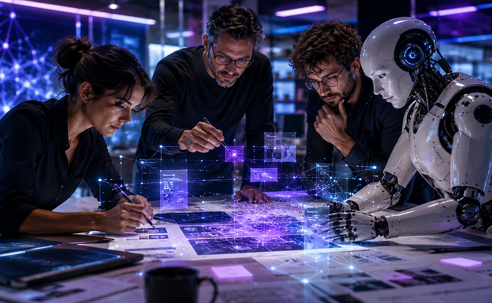 Equipo editorial y estratégico colaborando junto a un androide humanoide en la construcción de ecosistemas de autoridad digital mediante contenido estructurado, relaciones semánticas y arquitectura contextual impulsada por inteligencia artificial, en un entorno futurista hiperrealista con tonos azules, morados y magenta característicos de EvolvIA.