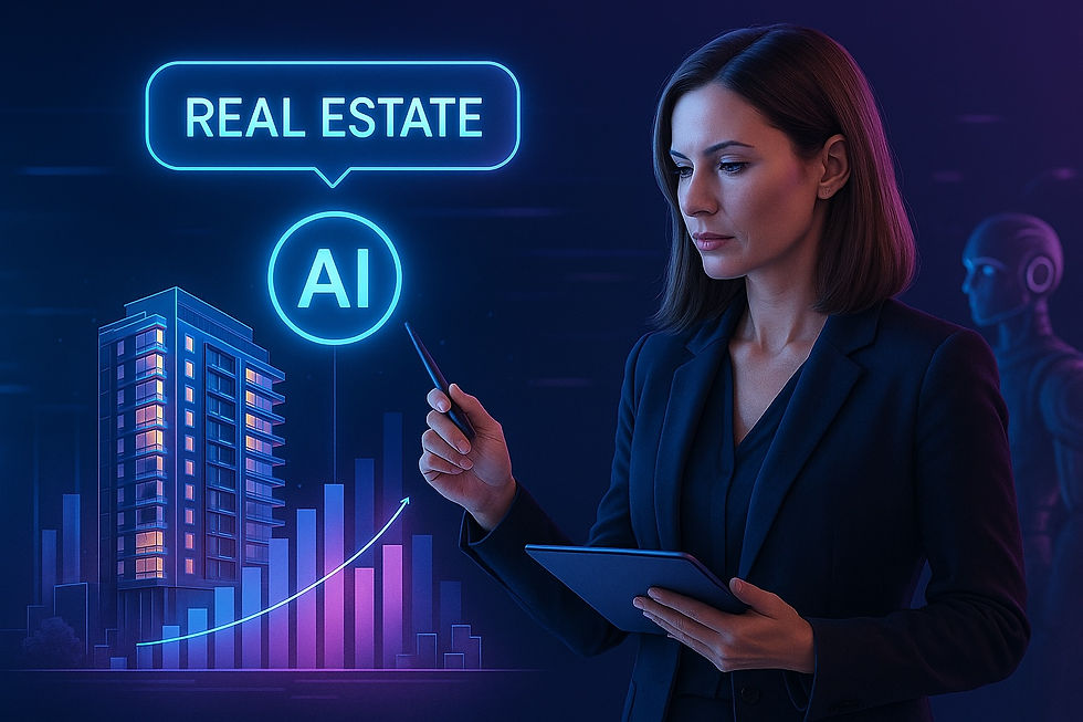 Mujer ejecutiva revisando datos inmobiliarios con inteligencia artificial, gráficos ascendentes y edificio digital iluminado en cromática azul, morada y magenta, simbolizando el uso de IA en bienes raíces para diagnóstico, flujos automatizados y capturas de dashboards.