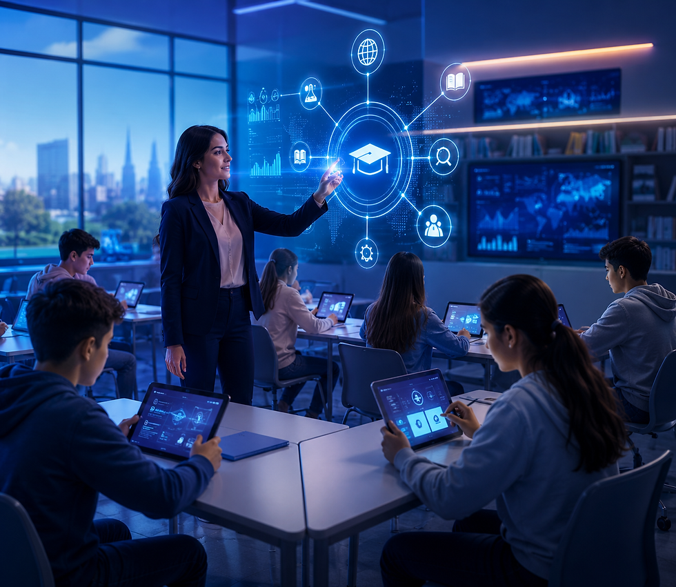Aula moderna de tecnología educativa con estudiantes utilizando tabletas y plataformas digitales de aprendizaje mientras una profesora interactúa con una interfaz holográfica académica, representando educación impulsada por inteligencia artificial, ecosistemas de conocimiento conectados, innovación en aprendizaje digital y tecnología institucional avanzada en un entorno futurista de tonos azules.