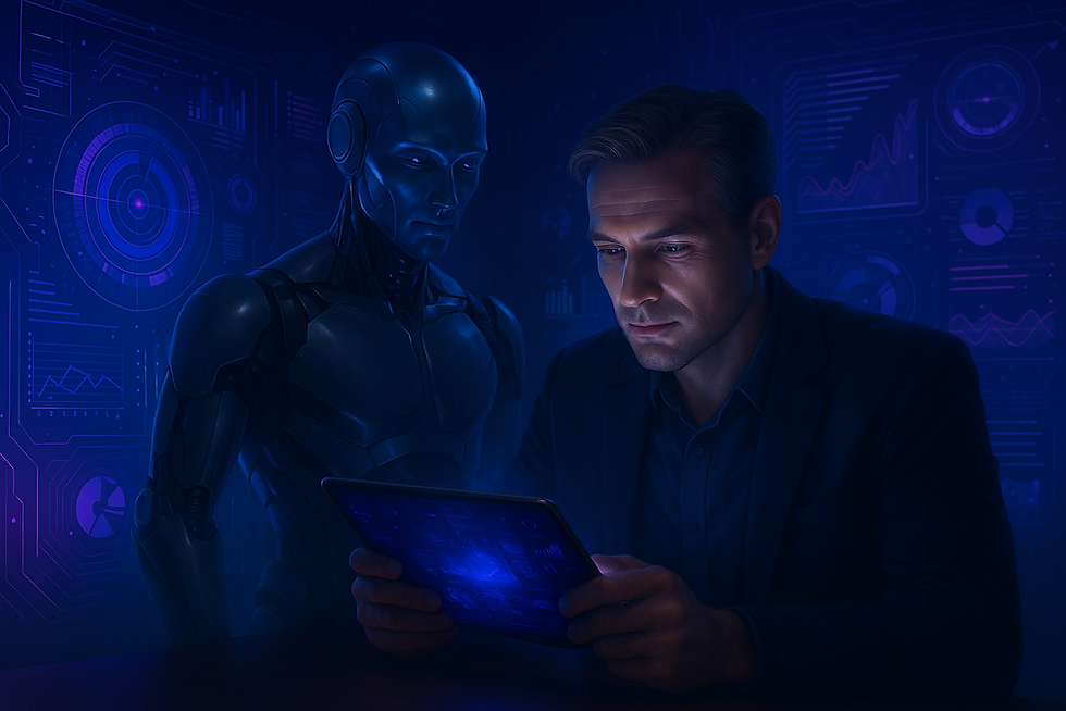 Mentor cyborg iluminado por una tableta digital orienta a un líder empresarial en un entorno futurista, representando la guía estratégica en inteligencia artificial.