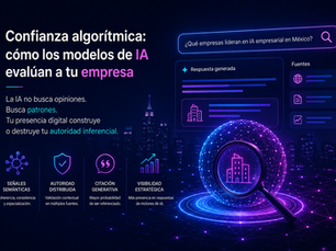 Ilustración futurista en tonos azul oscuro, violeta y magenta que representa cómo los modelos de inteligencia artificial evalúan la confianza y autoridad digital de una empresa. La escena incluye una interfaz de búsqueda generativa, paneles de análisis, señales semánticas, métricas de autoridad y una lupa sobre una esfera digital conectada, simbolizando la interpretación contextual y la validación algorítmica dentro de ecosistemas de IA empresariales.