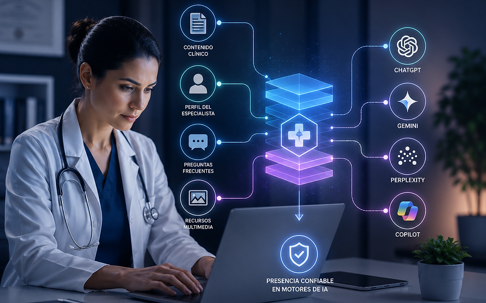 Médica especialista trabajando dentro de un ecosistema digital de salud estructurado semánticamente, mostrando conexiones entre contenido clínico, perfiles médicos, preguntas frecuentes y plataformas de inteligencia artificial para fortalecer autoridad médica y comprensión contextual.