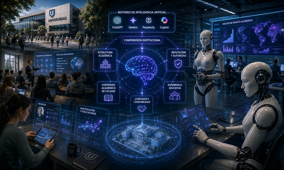 Ecosistema universitario futurista donde estudiantes, aulas, investigación académica y robots humanoides interactúan con diagramas holográficos relacionados con autoridad institucional, conocimiento y motores de inteligencia artificial, representando la evolución académica hacia entornos digitales interpretables por IA.