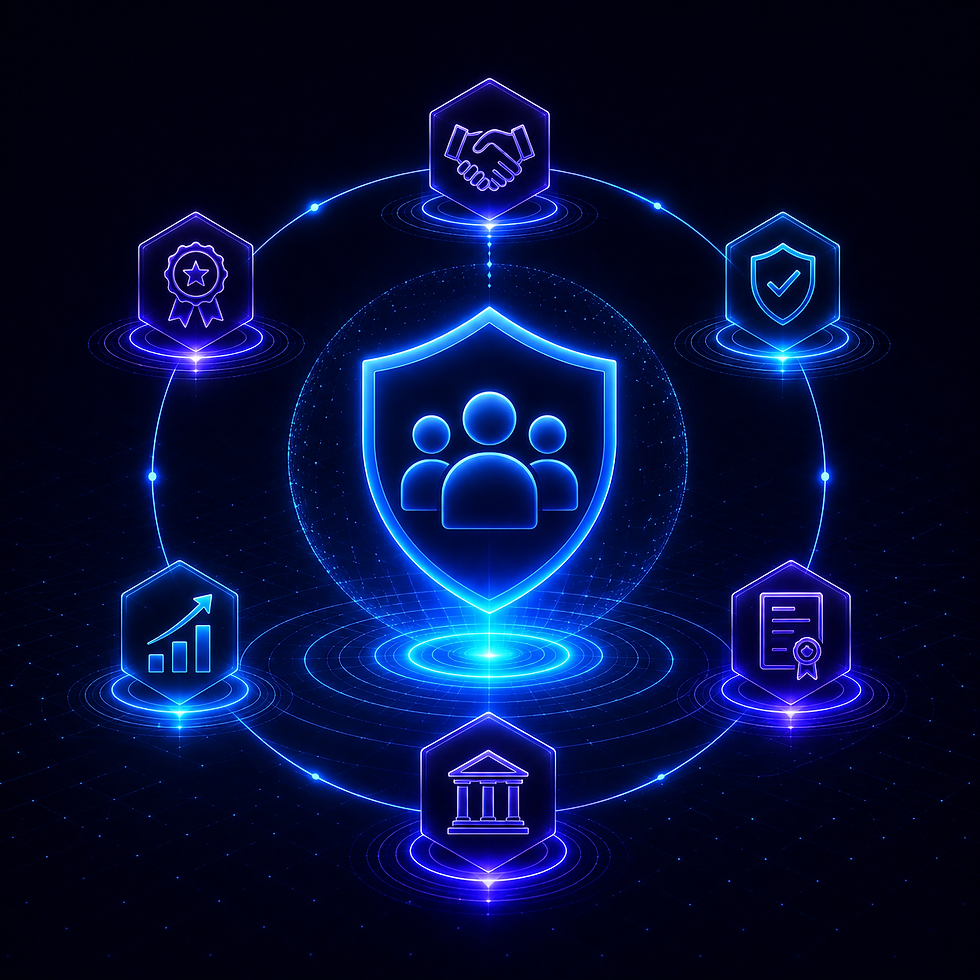 Ilustración de autoridad, credibilidad y confianza empresarial representada mediante señales de reputación, cumplimiento, experiencia y validación utilizadas por motores de inteligencia artificial para evaluar organizaciones.