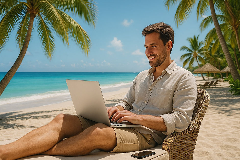 Digital nomad enjoying remote work on a tropical beach in Playa del Carmen—one of the top destinations for location-independe