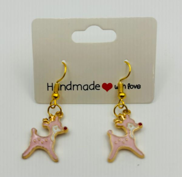 Handmade Pink Reindeer Christmas Earrings