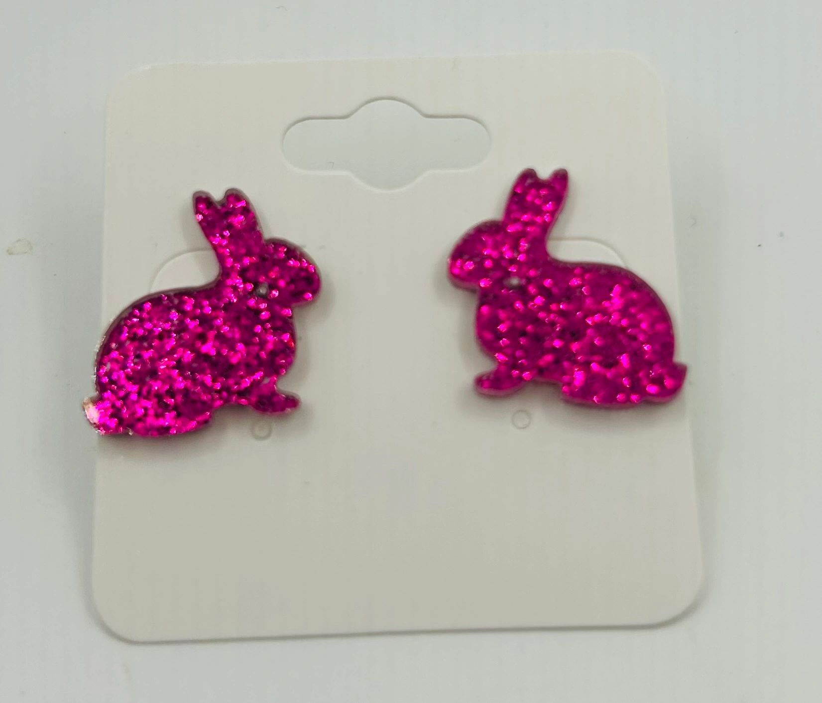 Dark Pink Glitter Bunny Stud Earrings