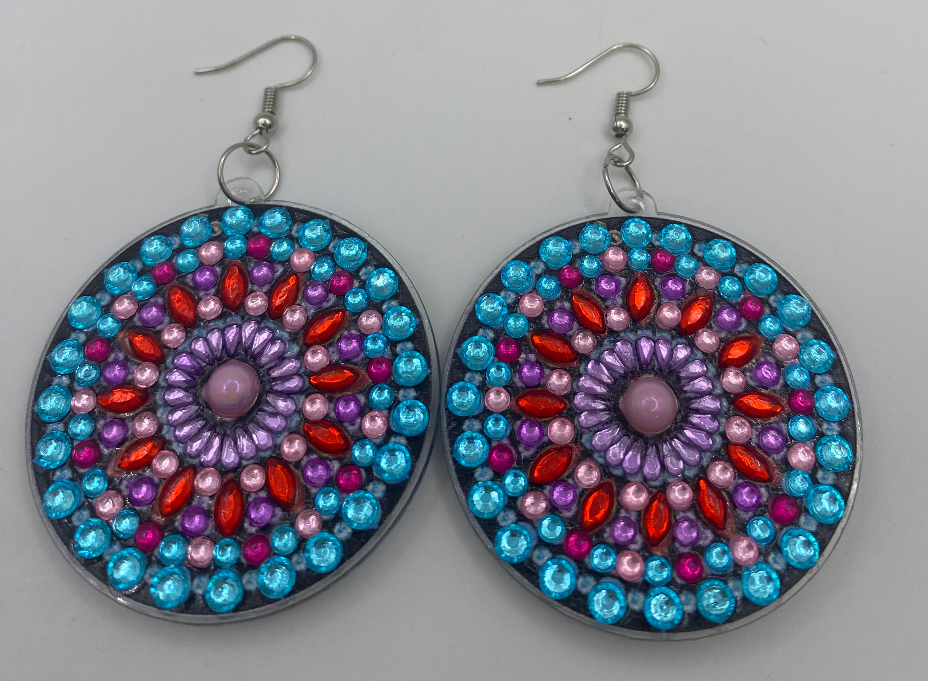 Sky Blue and Red Spiral Diamond Art Earrings