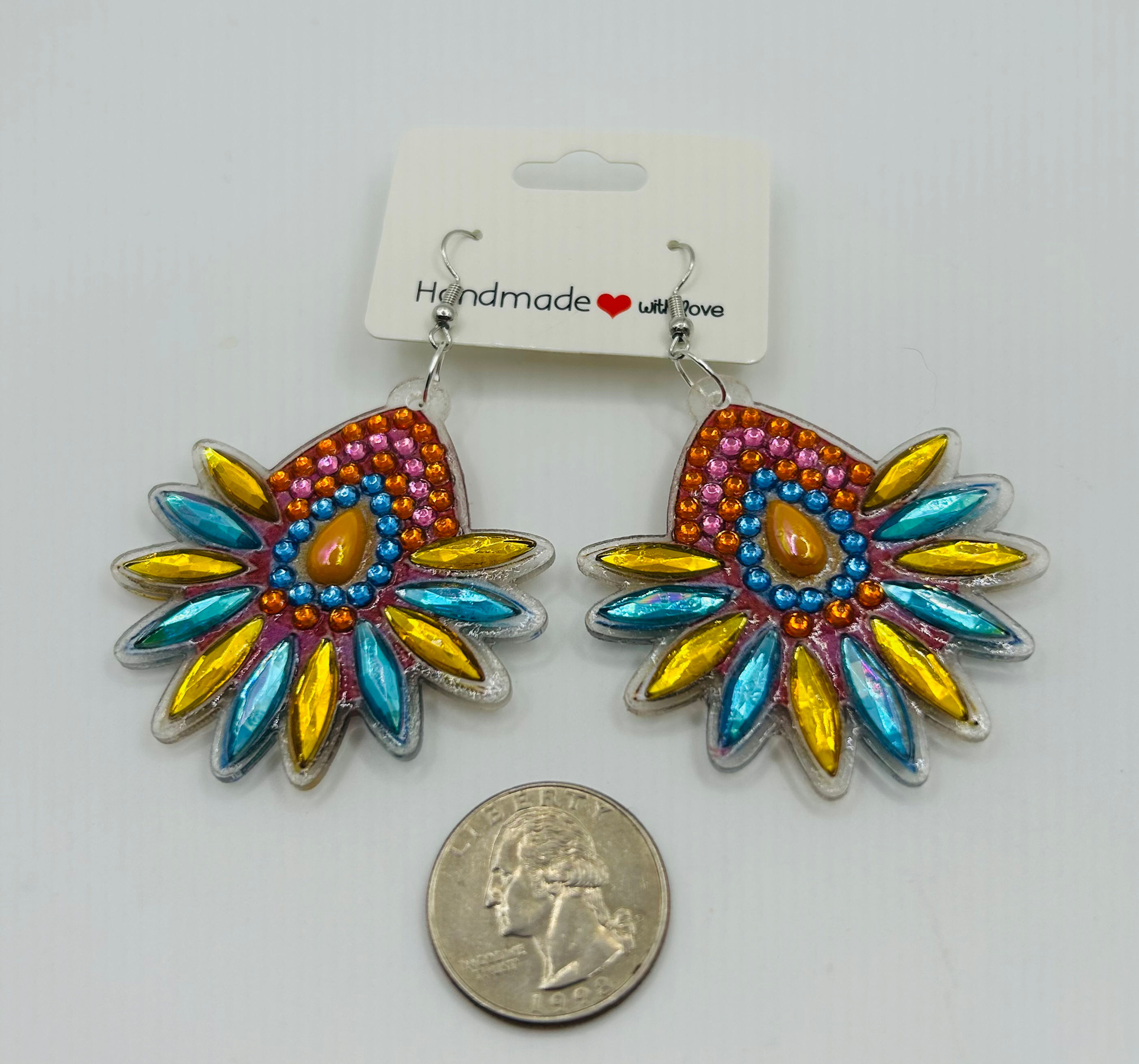 Pink, Yellow and Sky Blue Feathered Diamond Art Earrings