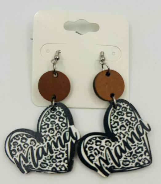Black Mama Leopard Heart Wooden Earrings