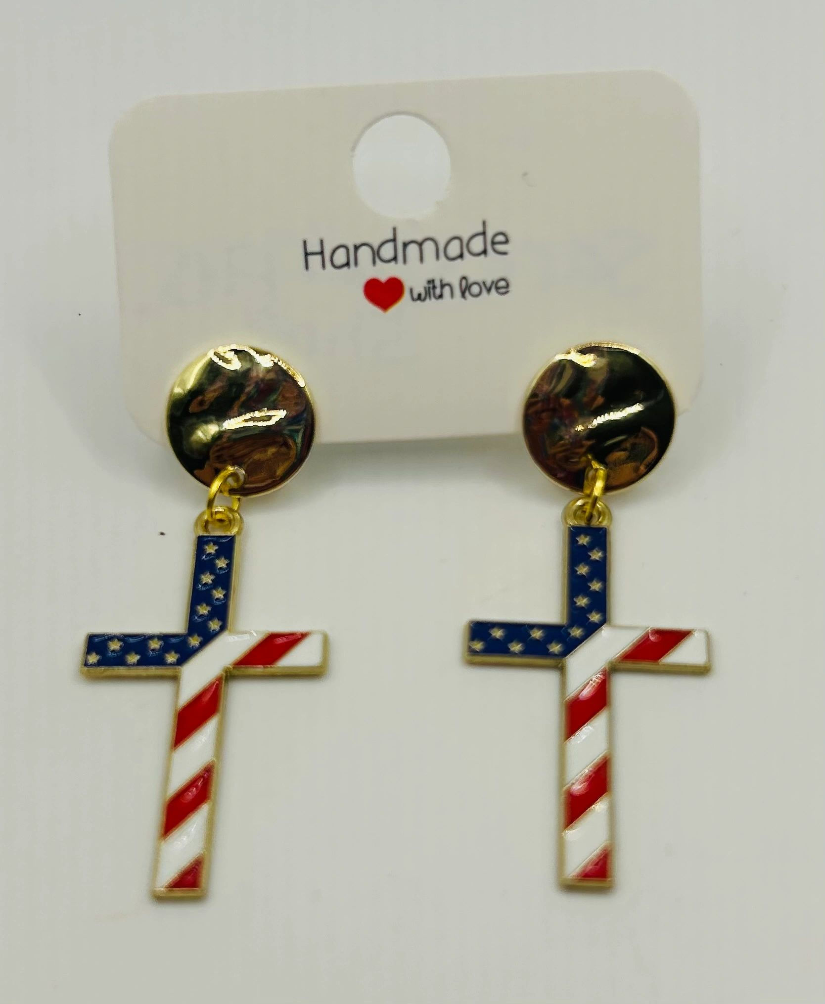 Gold Stud America Flag Cross Earrings