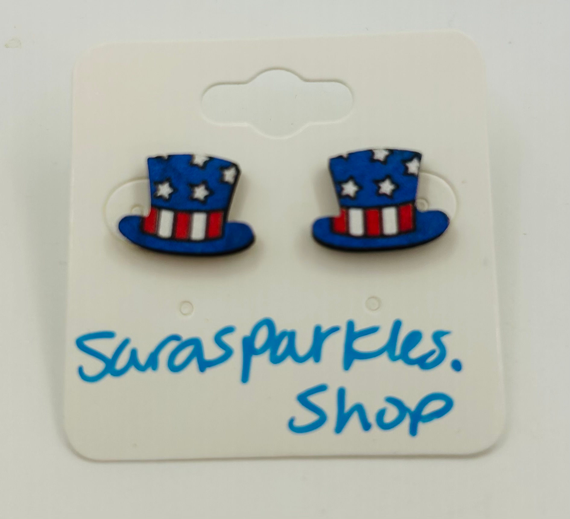 Blue Uncle Sam Hat Wooden Earrings