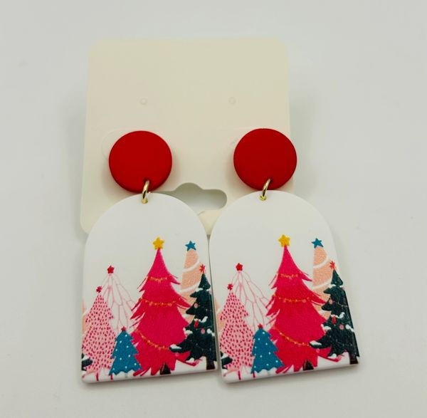 Pink and Red Christmas Tree Earrings