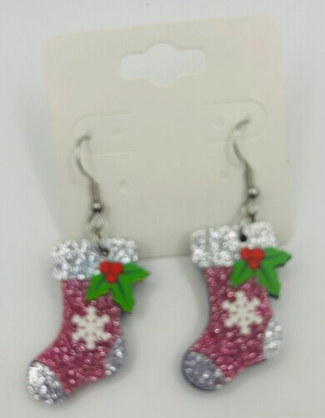 Pink Glitter Christmas Stocking Dangle Earrings