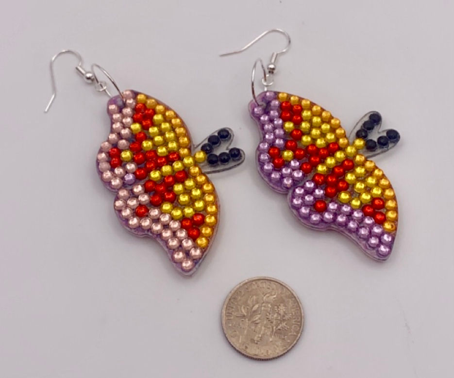 Lavender and Yellow Diamond Art Butterfly Earrings