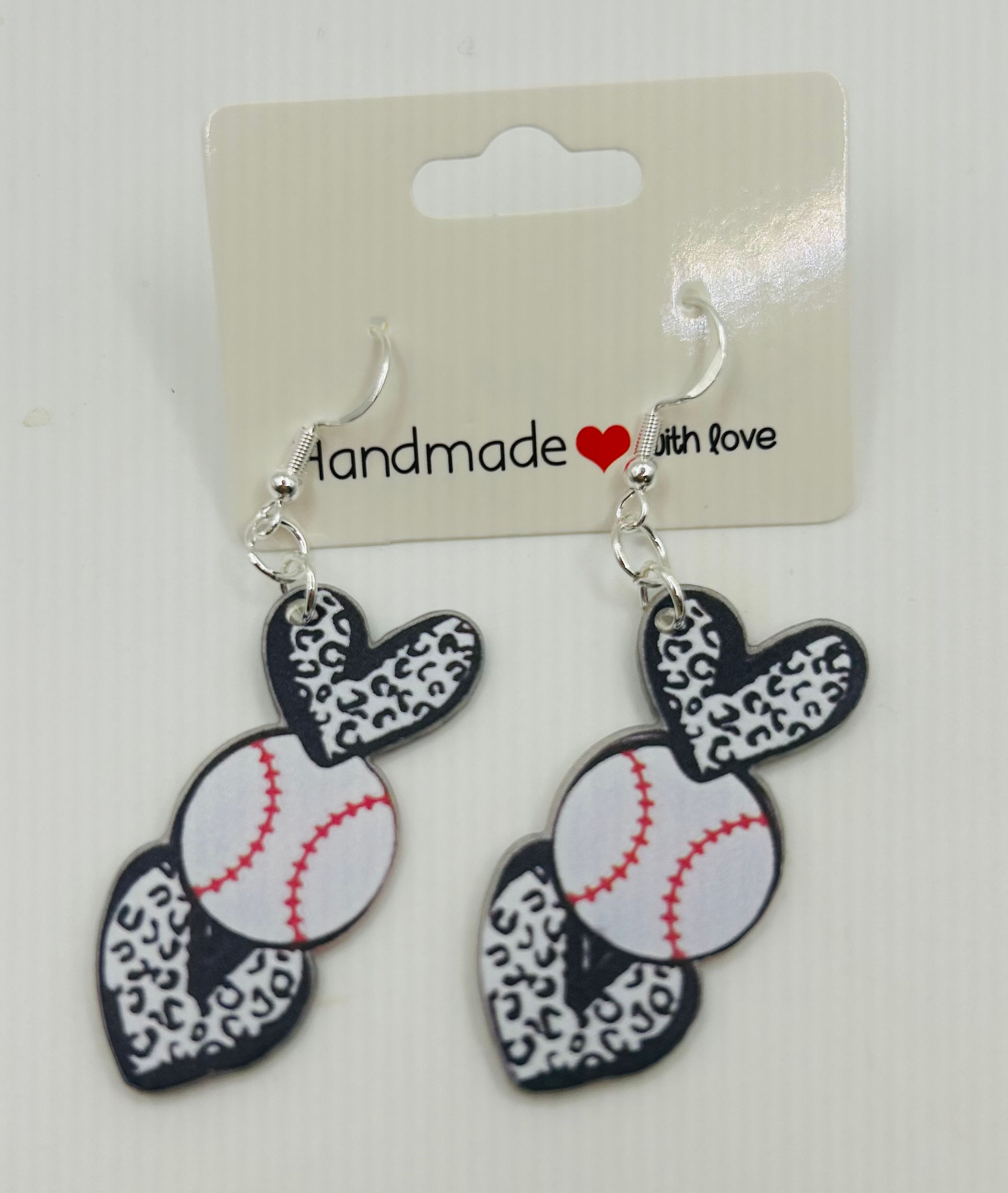 Leopard Baseball Heart Earrings