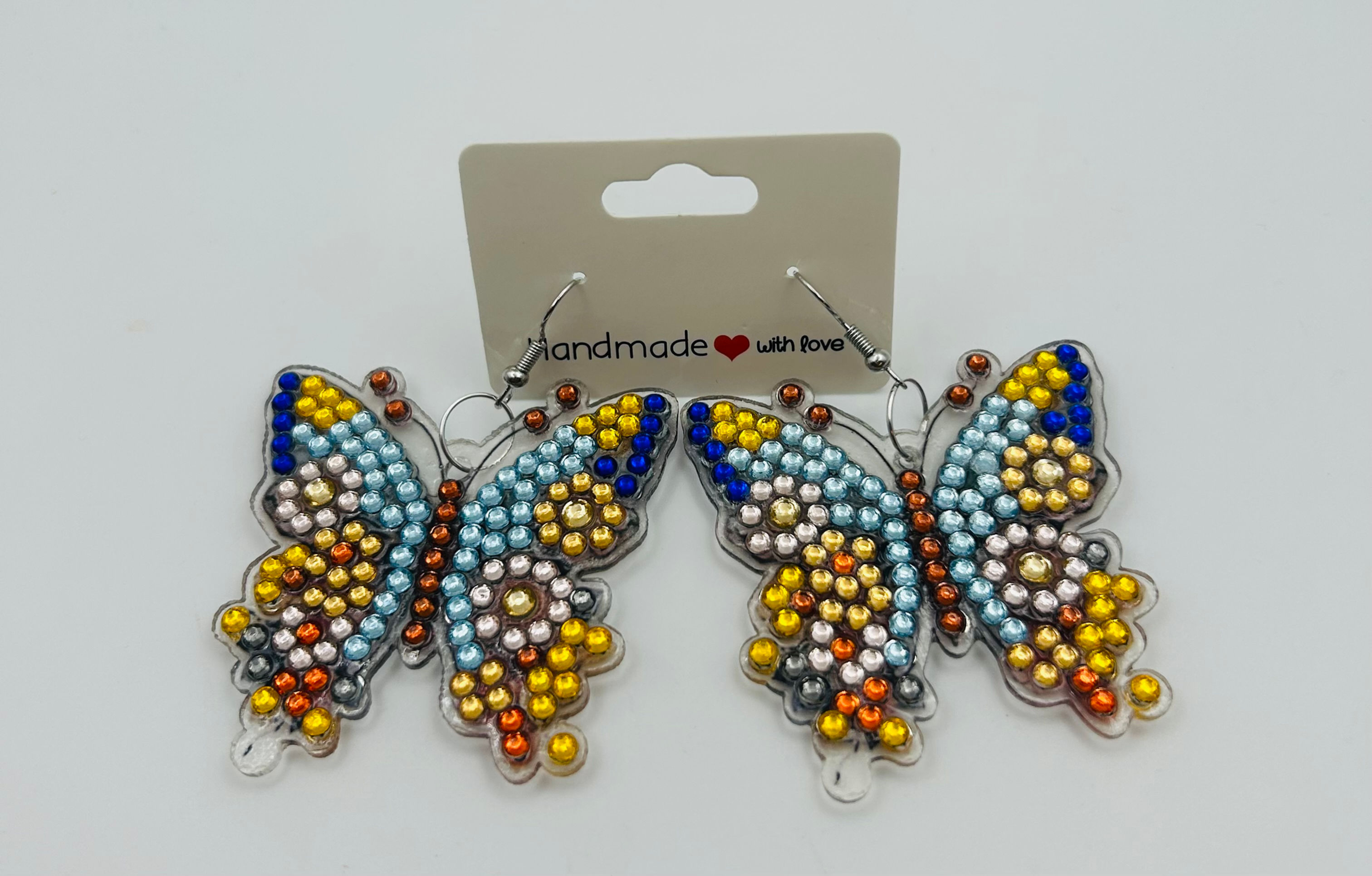Orange and Light Blue Butterfly Diamond Art Earrings