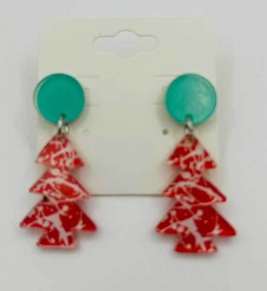 Red Marble Christmas Tree Dangle Earrings