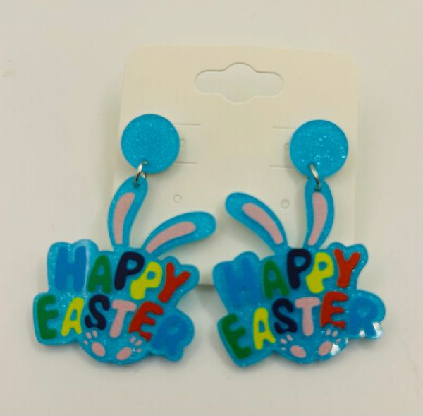 Playful Blue Bunny "Happy Easter" Statement Earrings