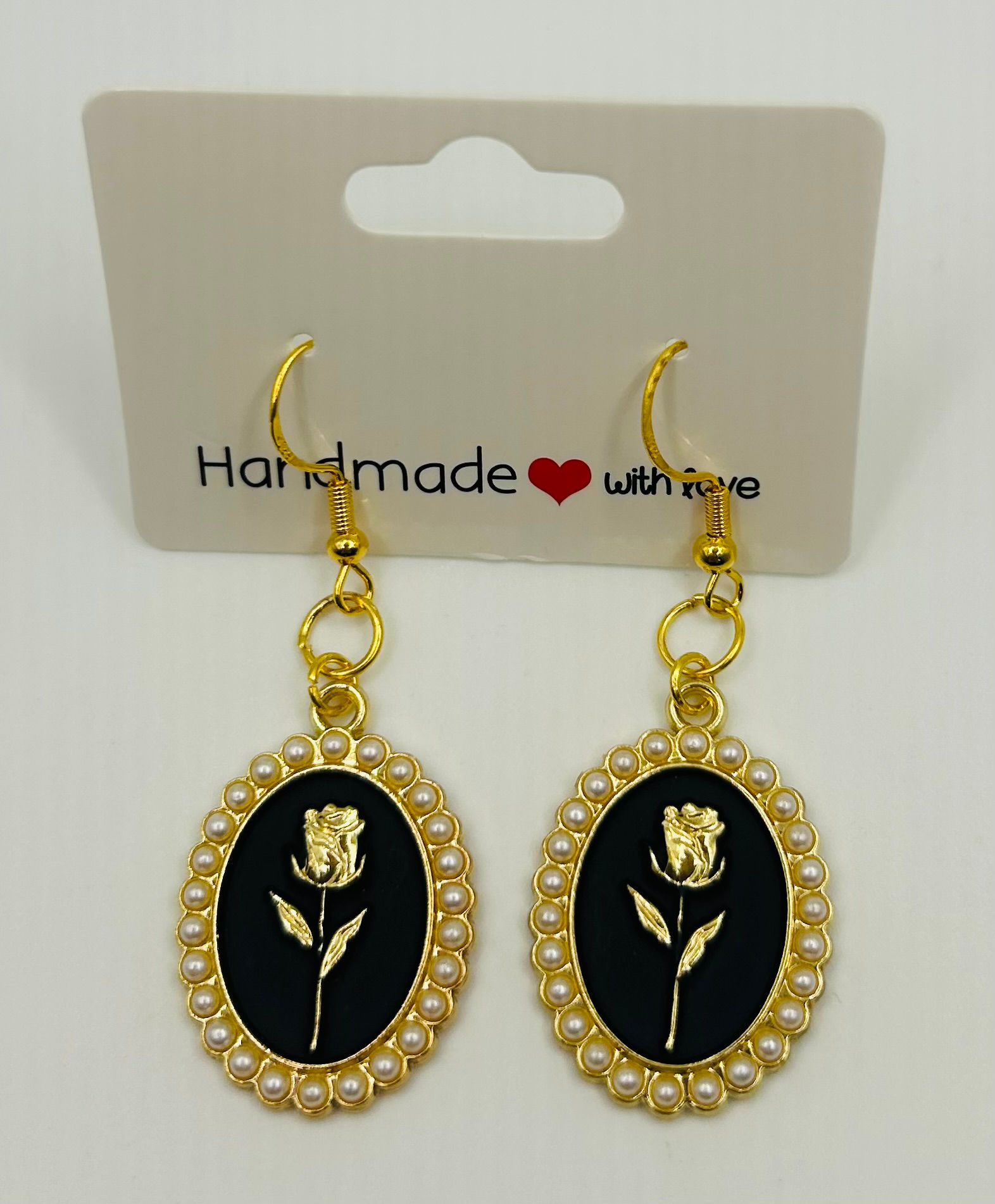 Elegant Black & Gold Rose Cameo Earrings
