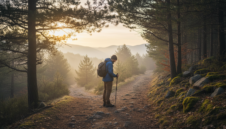 Wide-angle view of a solo hiker standing at a fork in a quiet mountain trail