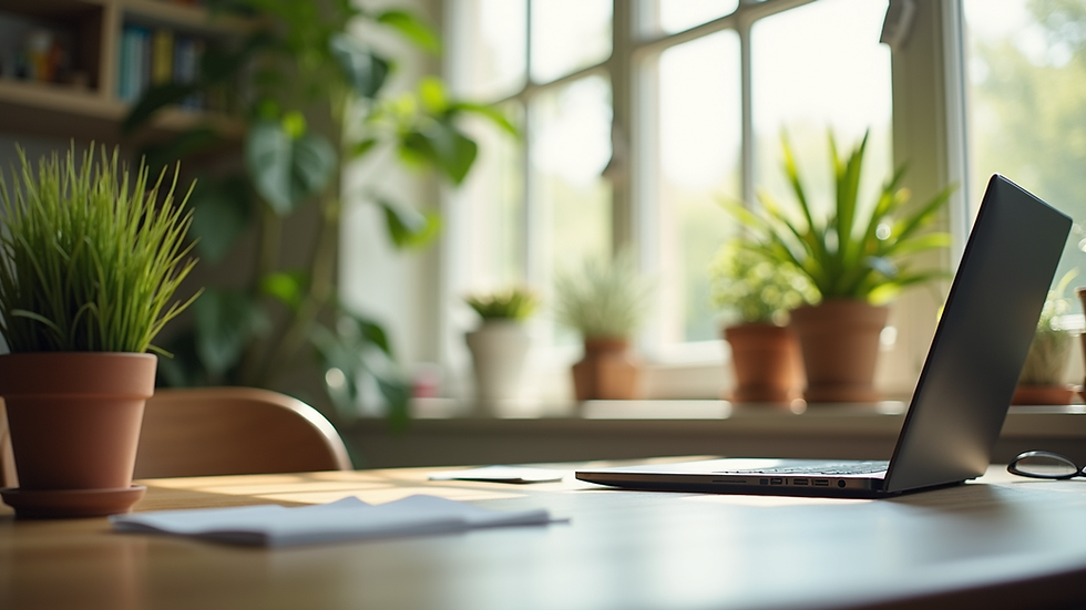 Eye-level view of a serene workspace with plants and natural light
